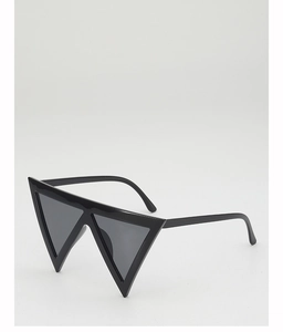 Detail of oversized double triangle sunglasses with black frames and dark grey lenses