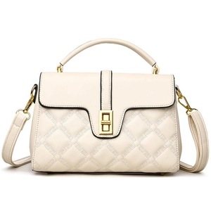 Beige quilted leather crossbody bag with golden clasp and top handle for women