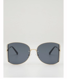 Front view of oversized butterfly metal sunglasses with dark lenses and gold frame