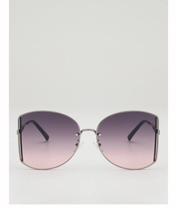 Macro detail of silver metal frame and purple-to-pink gradient lenses on oversized sunglasses