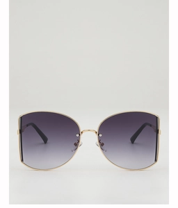 Front view of large retro butterfly sunglasses with gold frame and purple gradient lenses