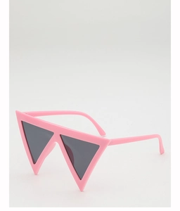 Detailed view of futuristic pink triangle sunglasses with dark grey lenses for fashion parties