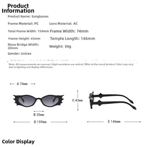 Detailed size chart for bat-shaped novelty sunglasses showing PC frame dimensions