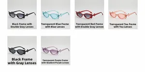 Detailed grid of bat-wing shaped sunglasses in various jelly colors for party wear