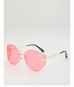 Detail of pink lens oversized sunglasses with gold metal frame and side shield design