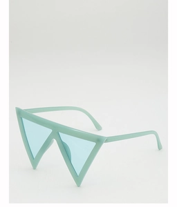 Detail view of triangular light green sunglasses with blue lenses and matte frame finish
