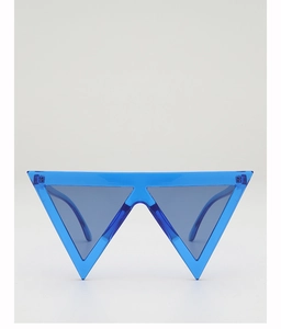 Close-up of bright blue triangular sunglasses with translucent frame and matching lenses