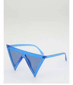 Detailed side view of avant-garde translucent blue double triangle frame sunglasses