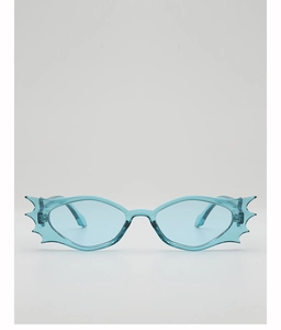 Detailed view of light blue jelly dragon wing shaped sunglasses for Halloween outfits