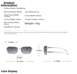 Detailed size chart for Y2K star frameless sunglasses with precise frame measurements