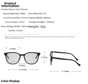 Detailed sizing chart and technical dimensions for TR90 floral optical glasses frames