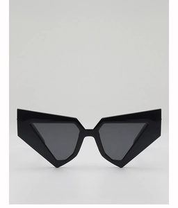 Front view of bold polygonal black sunglasses with sharp geometric edges and dark grey lenses