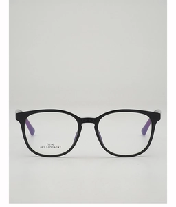 Detail view of TR90 glasses frame showing sizing specs and purple interior contrast