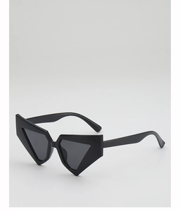 Detail view of bold geometric black sunglasses with sharp triangular frame structure