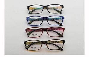 Detailed close-up of TR90-1169 eyeglass frames in black, blue, red and tortoiseshell