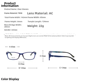 Detailed size specifications for blue TR90 frame eyewear with exact frame measurements