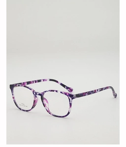 Detail view of purple floral TR90 eyeglass frames with lightweight artistic texture