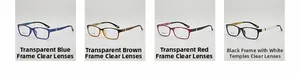 Detail view of retro TR90 eyewear frames in transparent blue, tea, red, and black finishes