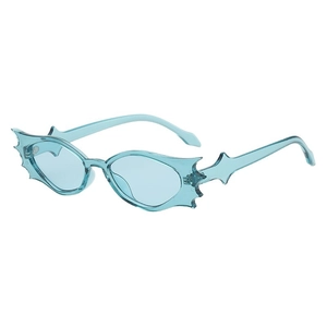 Blue translucent bat-wing sunglasses with spiked frames for Halloween party outfits