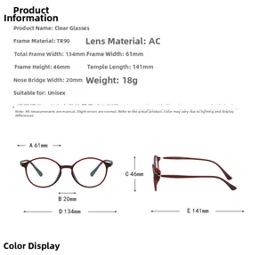 Detailed size specifications for lightweight TR90 red round glasses frames for men and women