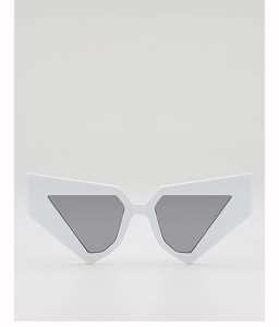 Detail of white chunky geometric frame sunglasses with sharp dark grey lenses