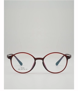 Detailed view of dark red TR-90 round eyeglass frame showing size 50-18-140 on the temple