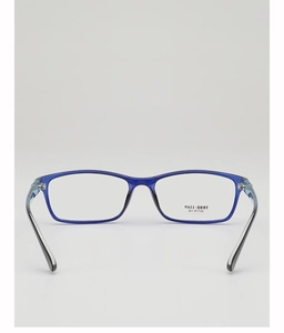 Detail of blue TR90 square glasses frame showing silver hinges and temple tip texture