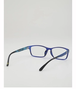 Detail view of two-tone TR90 glasses frames featuring navy blue and black temples
