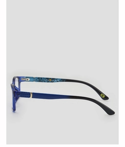 Detailed side view of TR90 glasses frame with unique patterned blue translucent temples