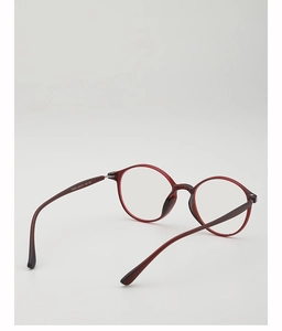 Detail of red round TR90 eyewear frame showing model TR005 and size specs on temple