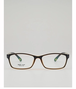 Detail view of TR90-1169 rectangular eyeglass frame showing black and amber dual-tone finish