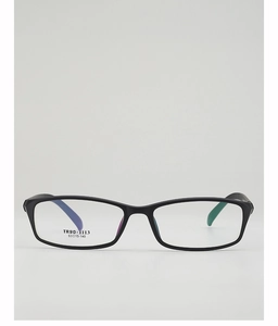 Detail of TR90-1113 black rectangle glasses frame showing purple and green inner temples