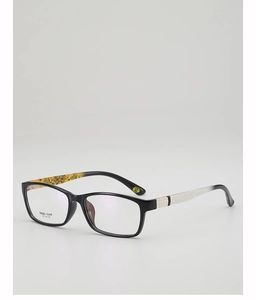 Detail of TR90 square glasses frames showing yellow inner temple and pattern details