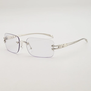 Y2K rimless square glasses with silver metal star temples and blue light lenses