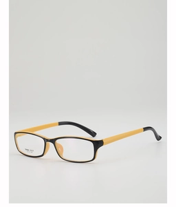 Detail view of TR90 square frame glasses with black front and bright yellow temples