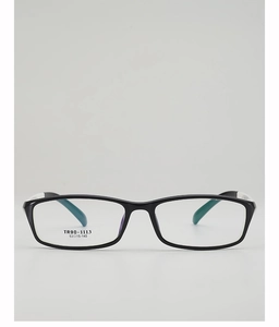 Detail view of TR90 square glasses frame with dual-tone black and cyan temples
