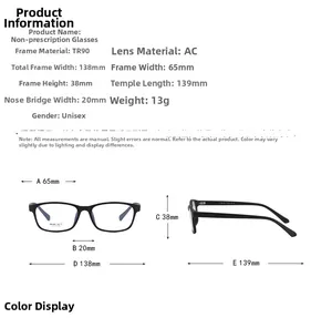 Tableau des tailles détaillé pour montures de lunettes carrées TR90 ultra légères