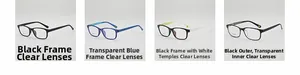 Comparaison de quatre montures de lunettes carrées TR90 en bleu, noir et bicolore