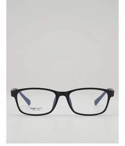 Vue de face de lunettes noires carrées en TR90 avec verres anti-lumière bleue clairs