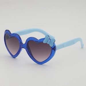 Lunettes de soleil enfant en forme de cœur avec paillettes bleues et nœud mignon