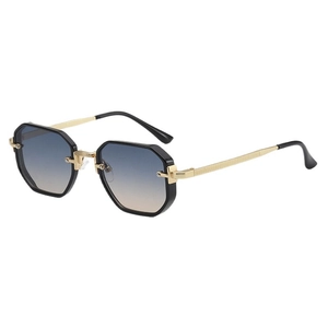 Lunettes de soleil octogonales rétro avec monture noire et branches dorées dégradé bleu