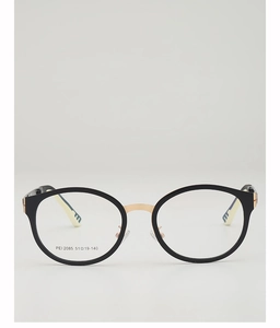 Vue frontale de lunettes rondes rétro en acétate noir avec pont métallique en or rose