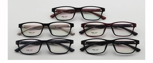 Five assorted TR90 ultralight square eyeglass frames stacked on a clean white background