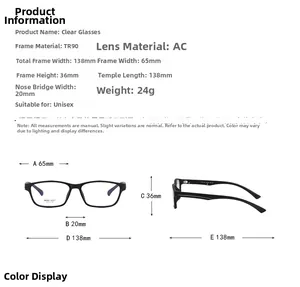 Detailed size chart for retro square TR90 eyeglasses with frame dimensions and weight