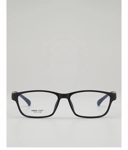 Front view of black TR90 square glasses frame with model specs on lens detail
