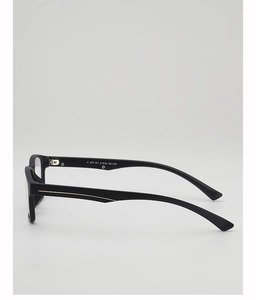 Macro side view of lightweight black square frame glasses with textured golden temple details