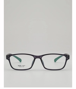 Detail view of purple TR90 square glasses frame with green inner temples and size marking
