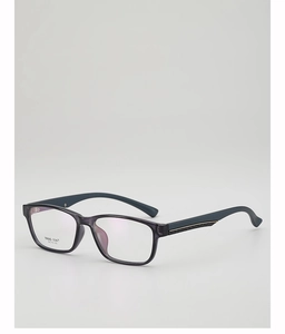 Detail of purple translucent TR90 square frame glasses with metal accents on temples