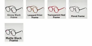 Detailed grid of retro round frames in black, leopard, and marble patterns with metal bridge