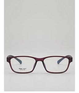 Detailed view of dark red TR90 glasses frame with model number and size specifications